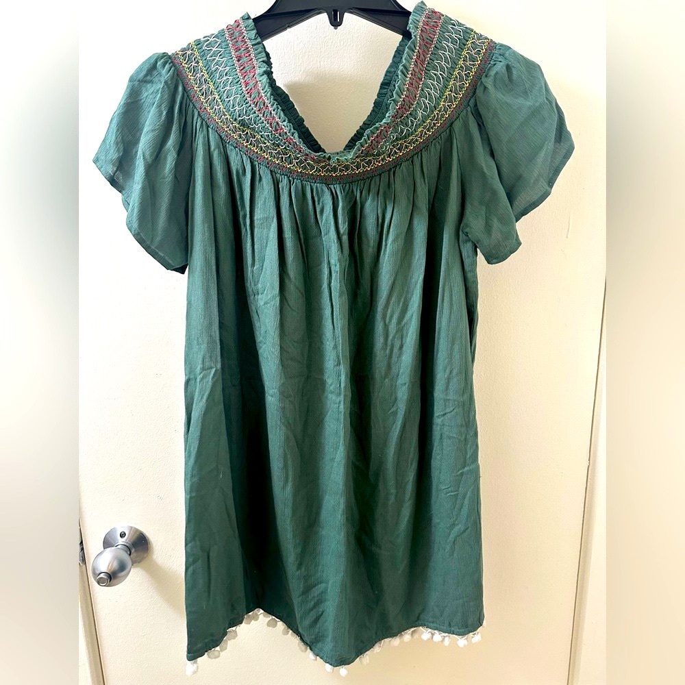 NEW Francesca's Swim Green Embroidered Dress Off Shoulder Beach Cover Up, NWOT